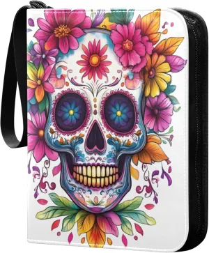 Burbuja Watercolor Skull Colorful Flowers Card Binder, 4 Pockets Trading Card Binder, Portable Card Albums Fits 400 Cards with 50 Removable Sleeves for Sport Cards Game Cards