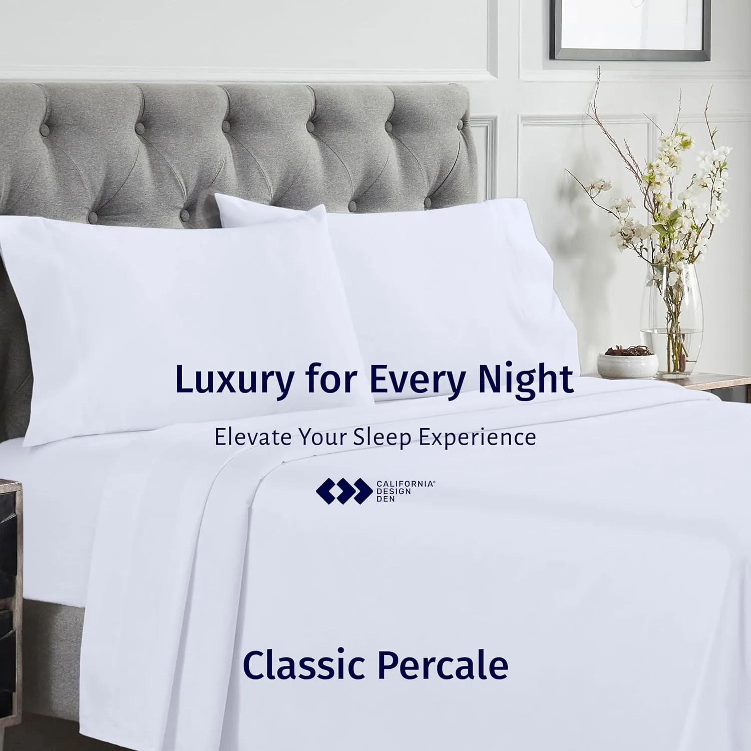 California Design Den Certified 100% Egyptian Cotton Sheets Queen Size Bed Set - Crisp Percale Queen Sheet Set Deep Pocket, Cool & Durable Luxury Bedding - White