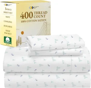 California Design Den Deep Pocket Twin Sheets Set - 400 Thread Count Sateen, Natural 100% Cotton Sheets Twin, Cooling and Durable Bedding Set - Lodge Camp