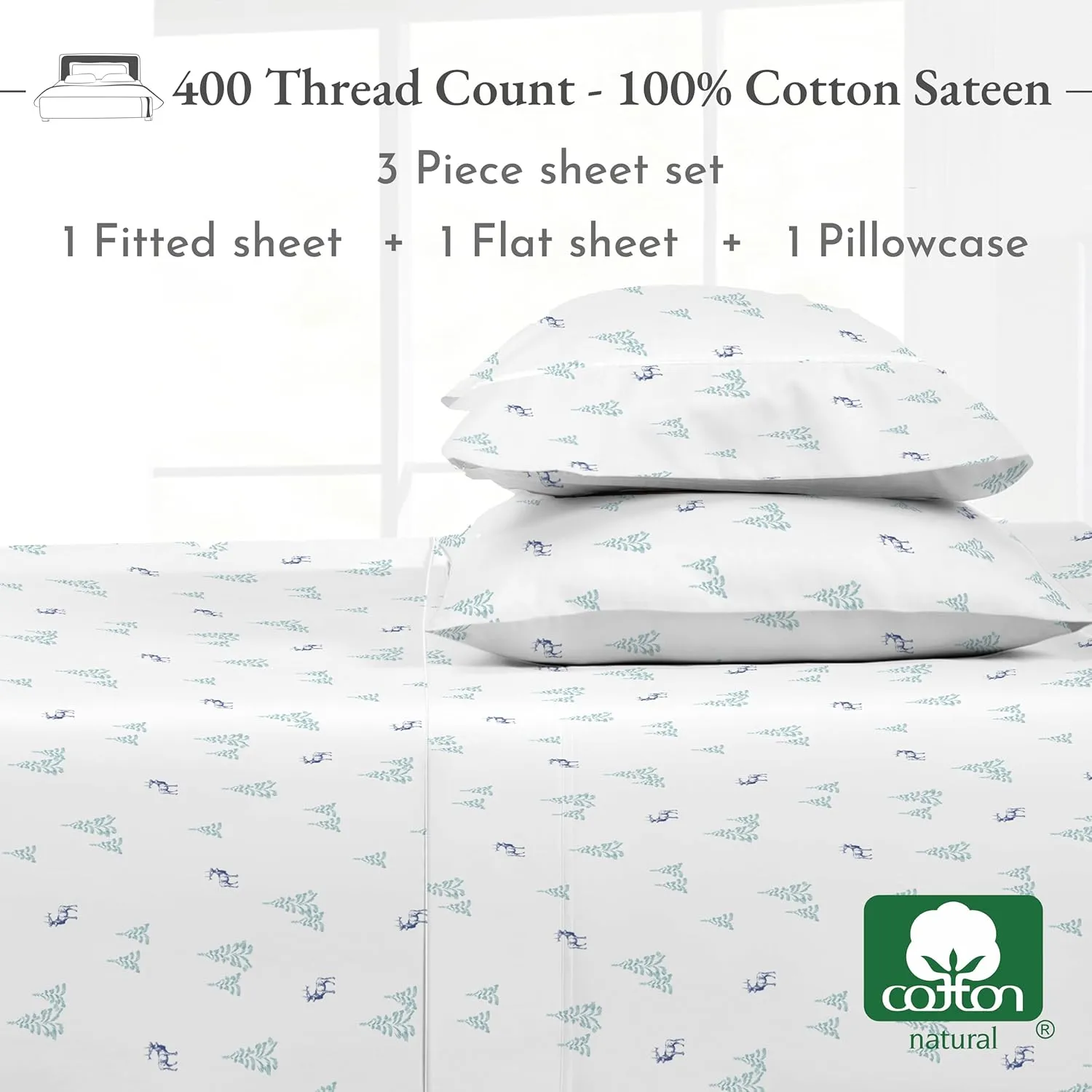 California Design Den Deep Pocket Twin Sheets Set - 400 Thread Count Sateen, Natural 100% Cotton Sheets Twin, Cooling and Durable Bedding Set - Lodge Camp