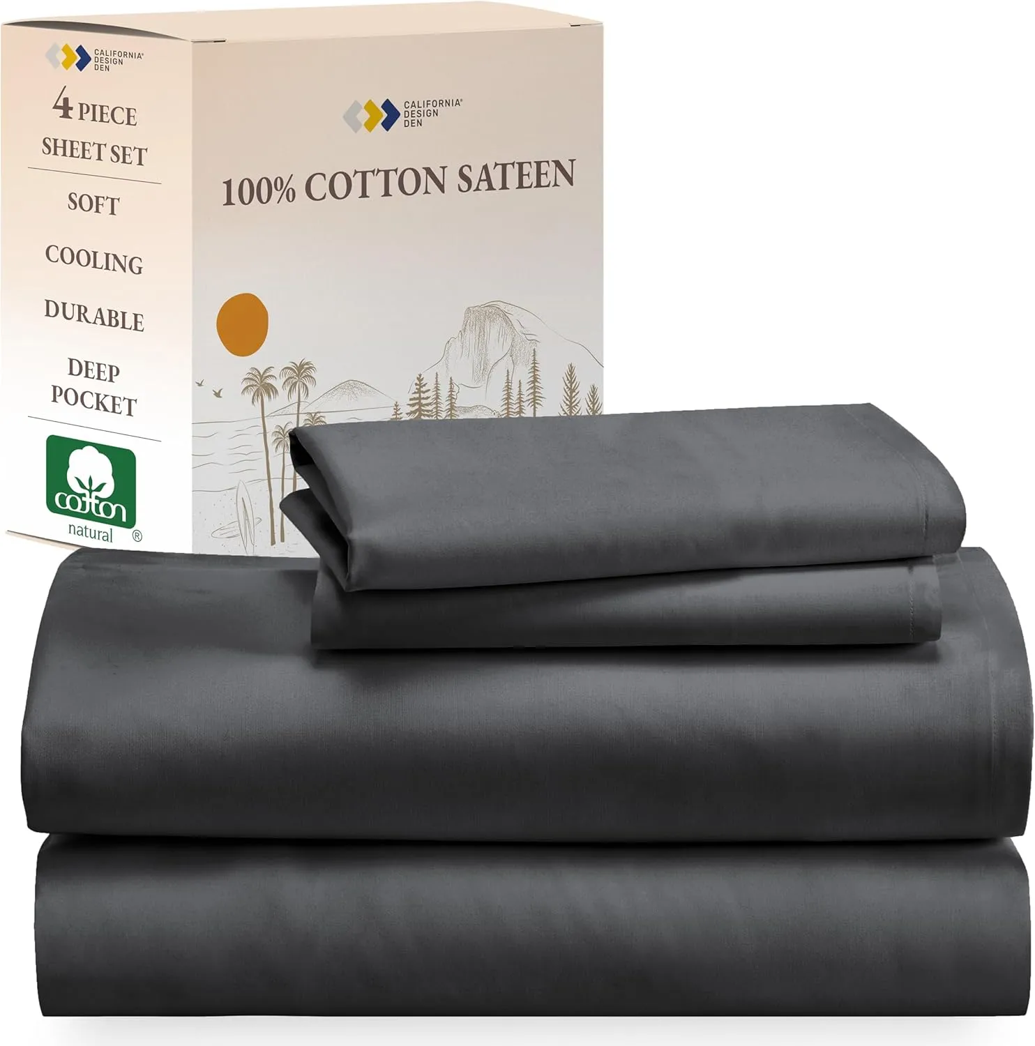 California Design Den King Size Sheets Set - Natural 100% Cotton Sheets King Size with Deep Pockets, Soft Sateen Weave, Breathable, Cooling and Durable Bedding Set (Grey)