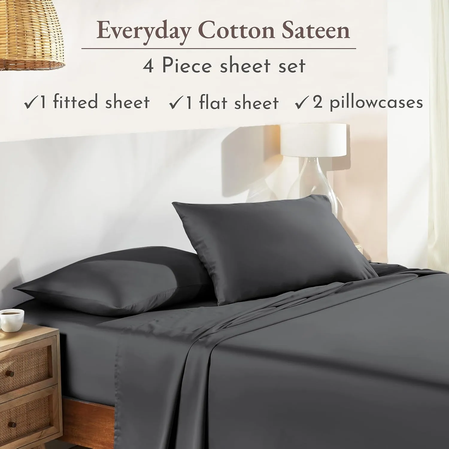 California Design Den King Size Sheets Set - Natural 100% Cotton Sheets King Size with Deep Pockets, Soft Sateen Weave, Breathable, Cooling and Durable Bedding Set (Grey)