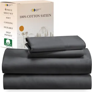 California Design Den King Size Sheets Set - Natural 100% Cotton Sheets King Size with Deep Pockets, Soft Sateen Weave, Breathable, Cooling and Durable Bedding Set (Grey)