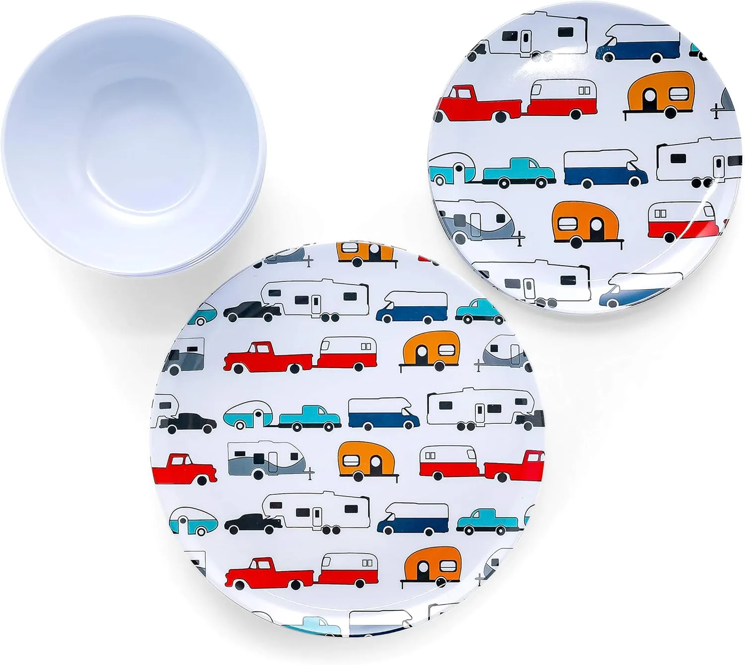 Camco Life is Better at The Campsite Dishware Set | Features a Virtually Unbreakable Melamine Construction, is Top Rack Dishwasher Safe, and has a Multicolored RV-Themed Design | 12-Piece (53297)