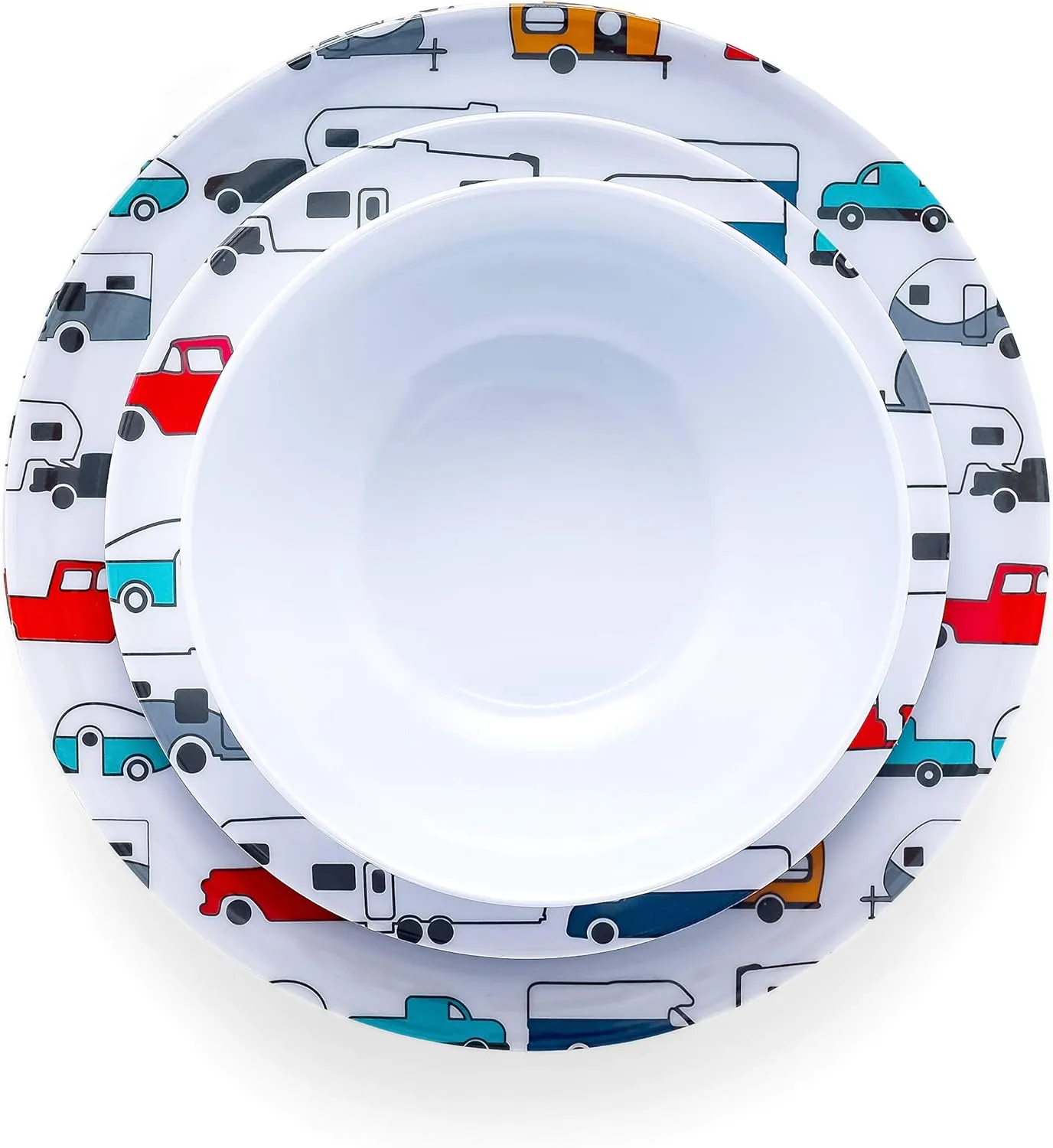 Camco Life is Better at The Campsite Dishware Set | Features a Virtually Unbreakable Melamine Construction, is Top Rack Dishwasher Safe, and has a Multicolored RV-Themed Design | 12-Piece (53297)