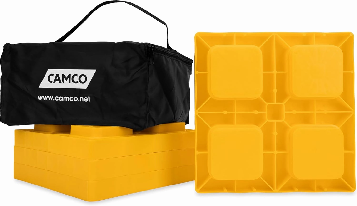 Camco Camper/RV Leveling Blocks - Features Stackable Interlocking Design & Includes Zippered Bag for RV Storage - Compatible w/Single Wheels, Dual Wheels, Tandem Axles & More - 4-Pack (44501)