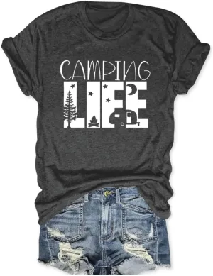 Camping Shirts for Women Funny Camper T-Shirt Graphic Tees Camp Hiking Tshirts Letter Print Casual Summer Tops