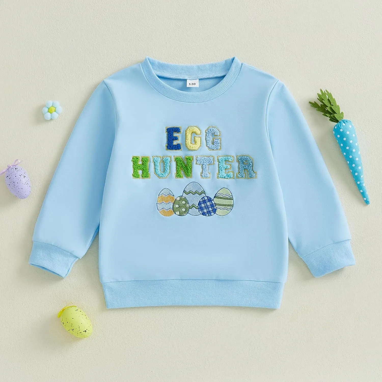 Canis Kids Toddler Little Boys Girls Easter Sweatshirt Egg Hunter Embroidery Long Sleeve Crew Neck Pullover Top