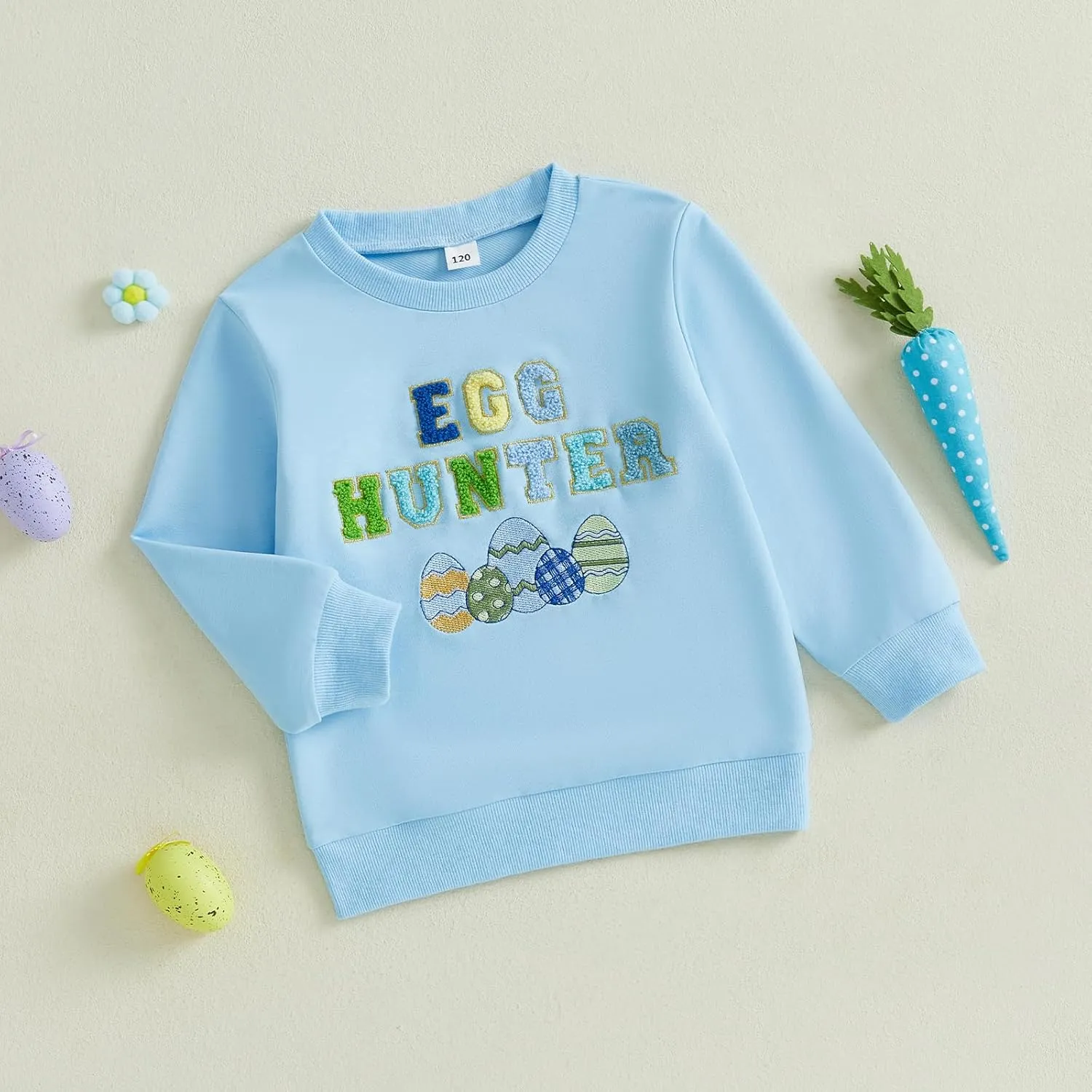 Canis Kids Toddler Little Boys Girls Easter Sweatshirt Egg Hunter Embroidery Long Sleeve Crew Neck Pullover Top
