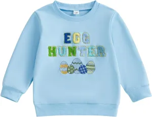 Canis Kids Toddler Little Boys Girls Easter Sweatshirt Egg Hunter Embroidery Long Sleeve Crew Neck Pullover Top