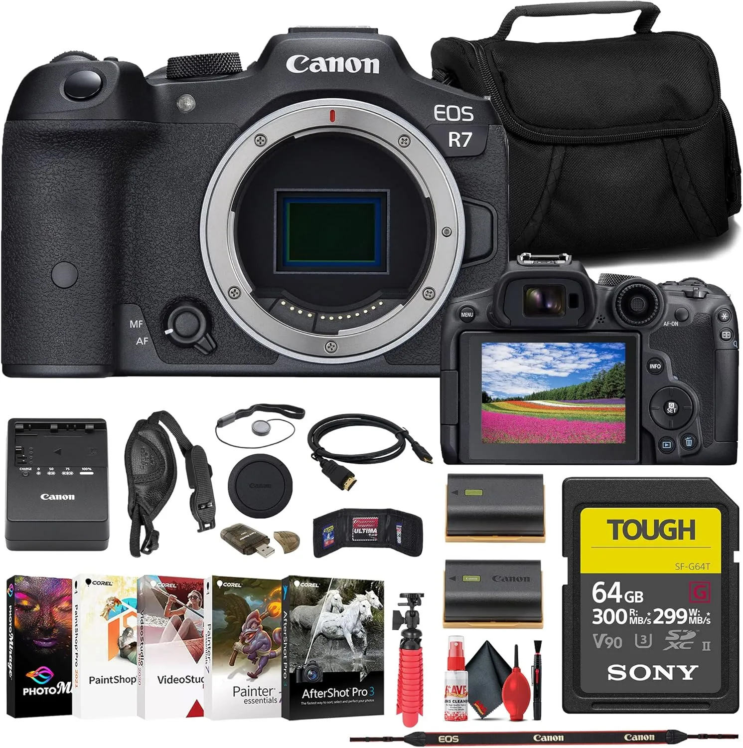 Canon EOS R7 Mirrorless Camera (5137C002)   Sony 64GB Tough SD Card   Bag   Charger   LPE6 Battery   Card Reader   Corel Photo Software   HDMI Cable   Flex Tripod   Hand Strap   More (Renewed)