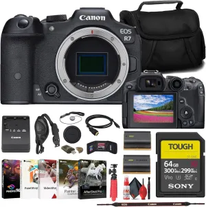 Canon EOS R7 Mirrorless Camera (5137C002)   Sony 64GB Tough SD Card   Bag   Charger   LPE6 Battery   Card Reader   Corel Photo Software   HDMI Cable   Flex Tripod   Hand Strap   More (Renewed)