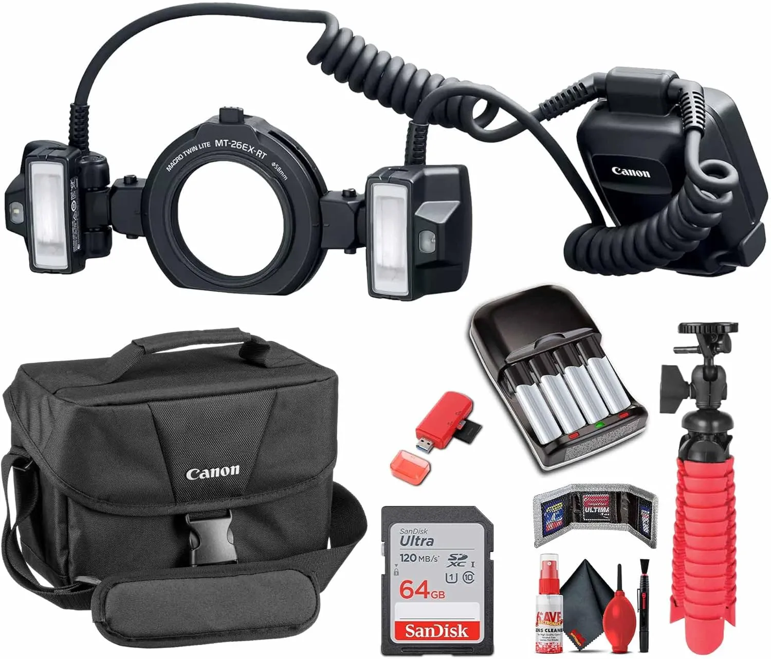 Canon MT-26EX-RT Macro Twin Lite (2398C003)   64GB Ultra Memory Card   Shoulder Bag   Flexible Tripod   Batteries and Charger   Cleaning Kit   Memory Card Wallet   Card Reader (Renewed)