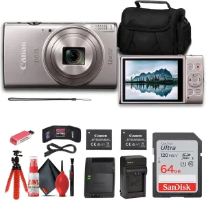 Canon PowerShot IXUS 285 HS 12X Optical Zoom Digital Camera (Silver) (1079C001)   NB11L Battery   64GB Memory Card   Case   Charger   Card Reader   Flex Tripod   Cleaning Kit   Memory Wallet (Renewed)