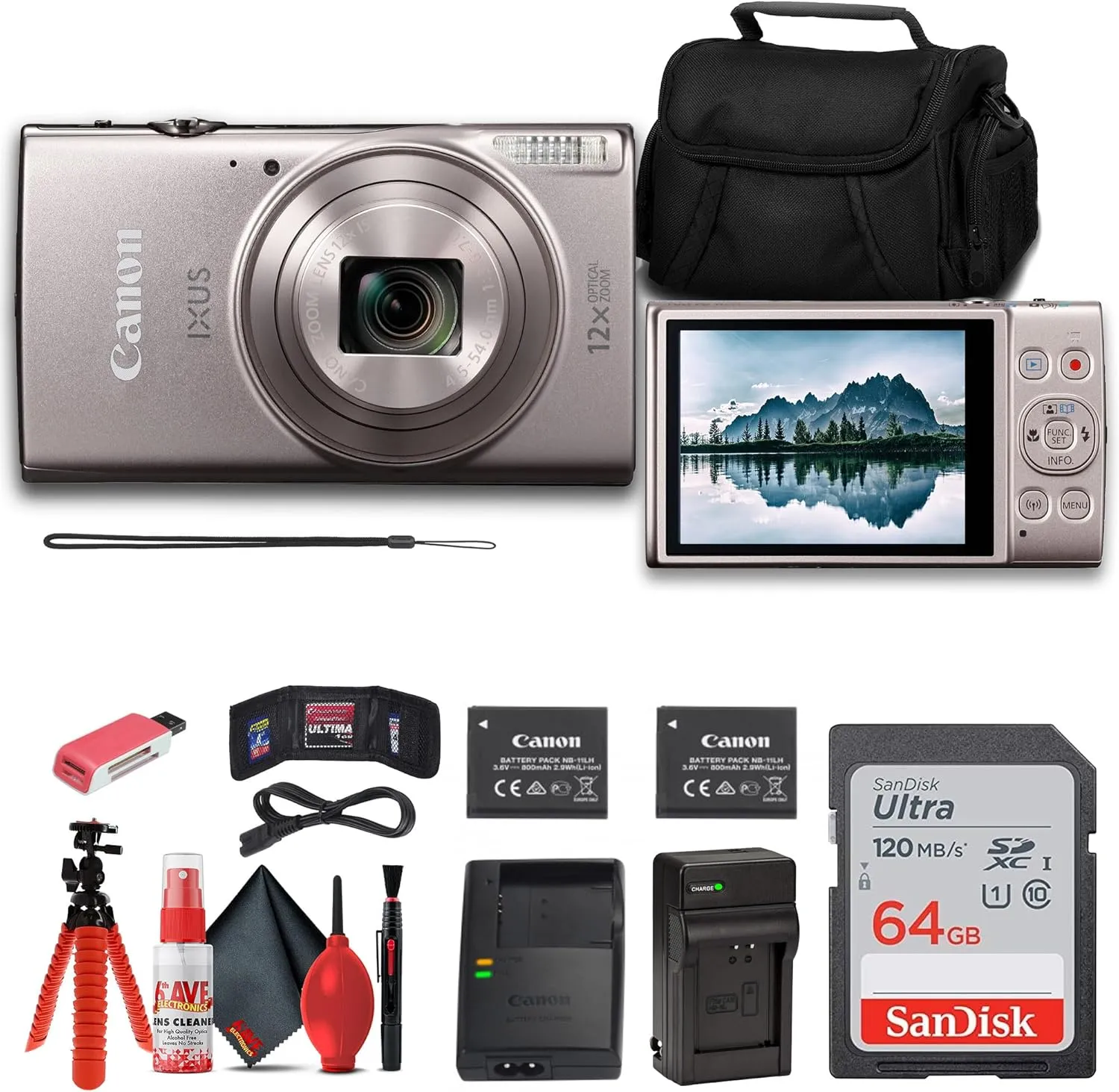 Canon PowerShot IXUS 285 HS 12X Optical Zoom Digital Camera (Silver) (1079C001)   NB11L Battery   64GB Memory Card   Case   Charger   Card Reader   Flex Tripod   Cleaning Kit   Memory Wallet (Renewed)