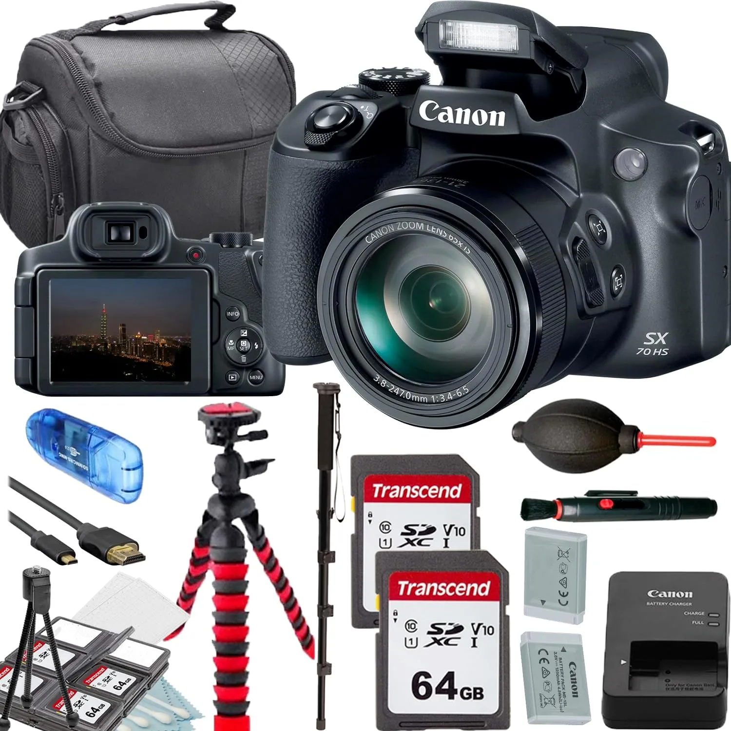 Canon PowerShot SX70 HS Digital Camera (Black) 2x64GB Memory Card Camera Shoulder Bag Flex SpiderTripod Deluxe Accessory Bundle (Renewed)