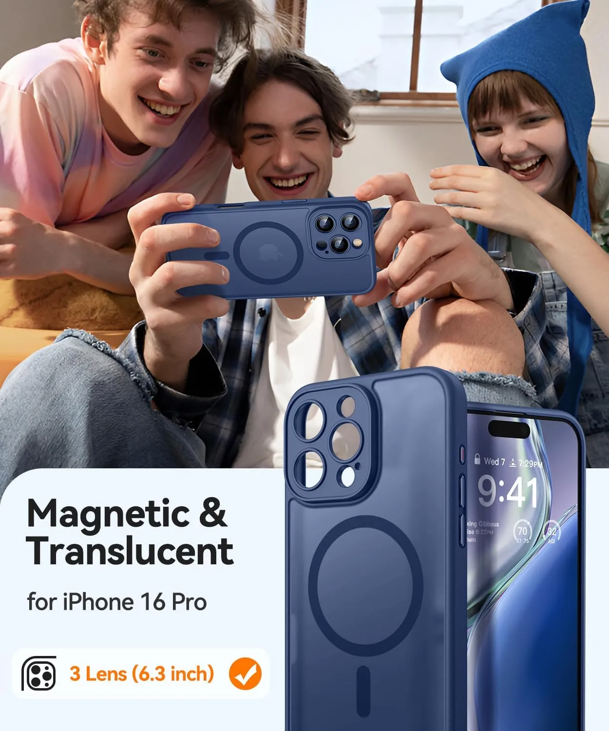 CANSHN Magnetic Compatible with iPhone 16 Pro Case, Upgraded [Full Camera Protection] [Compatible with Magsafe] [Translucent Matte] Shockproof Protective Phone Case Cover 6.3 Inch - Deep Blue