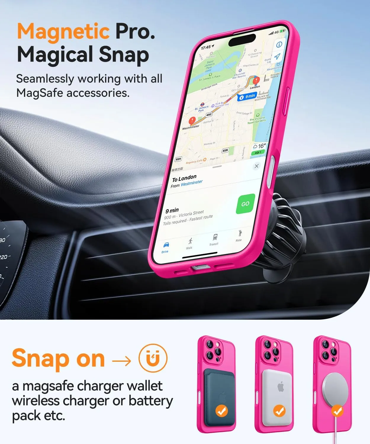 CANSHN Magnetic Compatible with iPhone 16 Pro Case, Upgraded [Full Camera Protection] [Compatible with Magsafe] [Translucent Matte] Shockproof Protective Phone Case Cover 6.3 Inch - Hot Pink