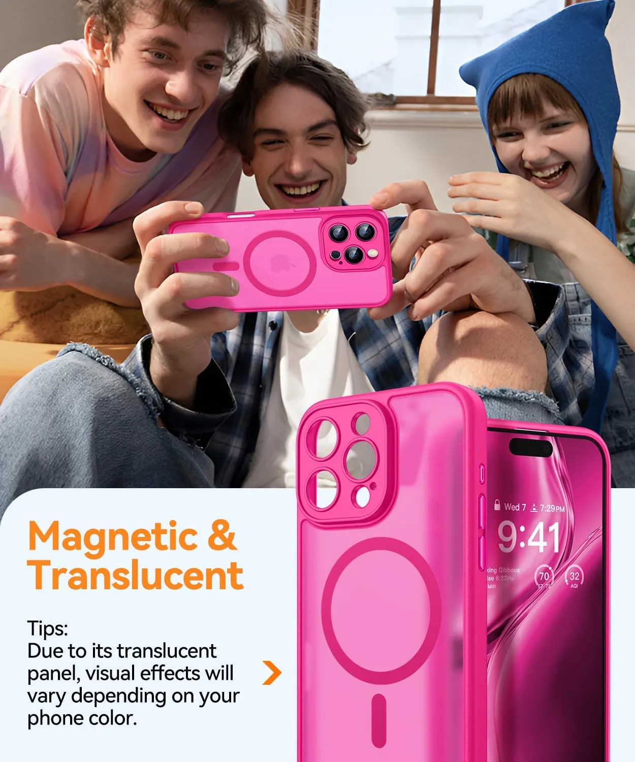 CANSHN Magnetic Compatible with iPhone 16 Pro Case, Upgraded [Full Camera Protection] [Compatible with Magsafe] [Translucent Matte] Shockproof Protective Phone Case Cover 6.3 Inch - Hot Pink