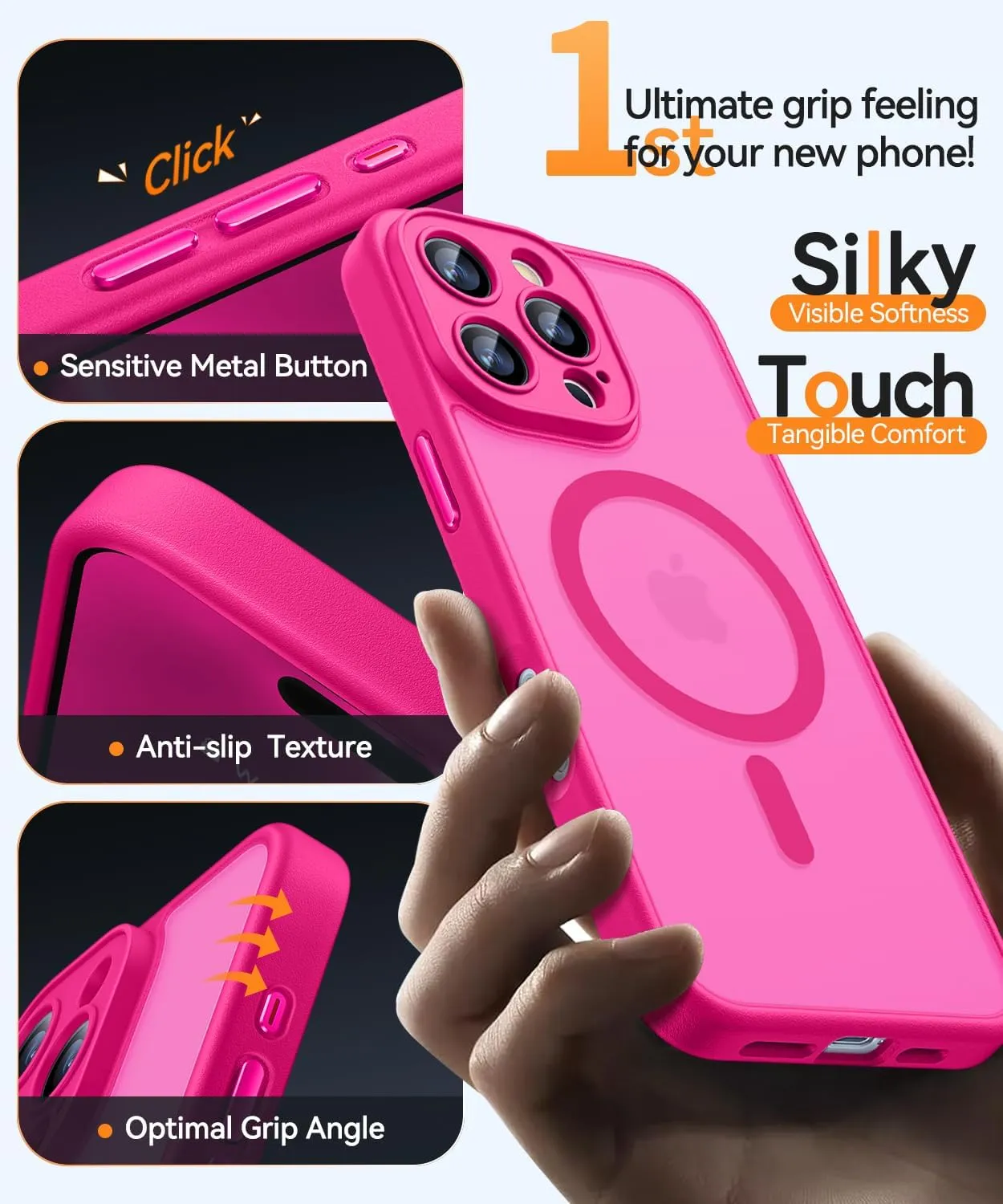 CANSHN Magnetic Compatible with iPhone 16 Pro Case, Upgraded [Full Camera Protection] [Compatible with Magsafe] [Translucent Matte] Shockproof Protective Phone Case Cover 6.3 Inch - Hot Pink