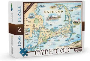 Cape Cod Map Cardboard Jigsaw Puzzle - 1000 Pieces, Hand-Illustrated - Educational, Family Activity, Ages 7 , Includes Poster - 25.4 x 19.8