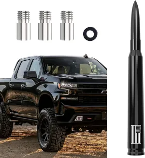 Car Bullet Antenna American Flag, Truck Short Antenna Replacement - Anti Theft Design, Carwash Safe for GM Chevy Silverado GMC Sierra 1500 2500 3500 HD Avalanche Denali Accessories, Black