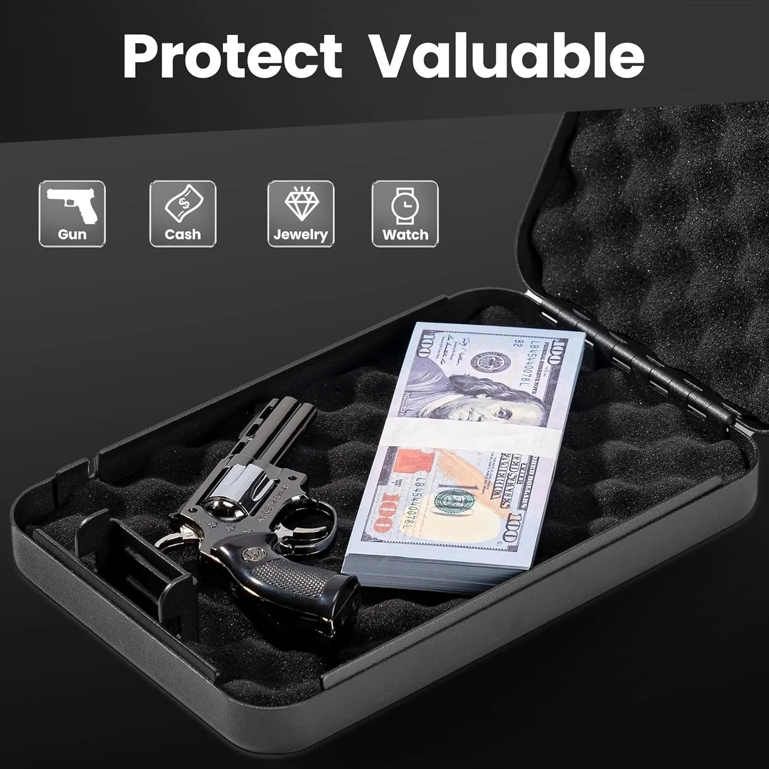 Car Portable Gun Safe for Handgun and Valuables, Pistol Safe, Handgun Lock Box for Car, 9.4" x6.6" x1.8",Black