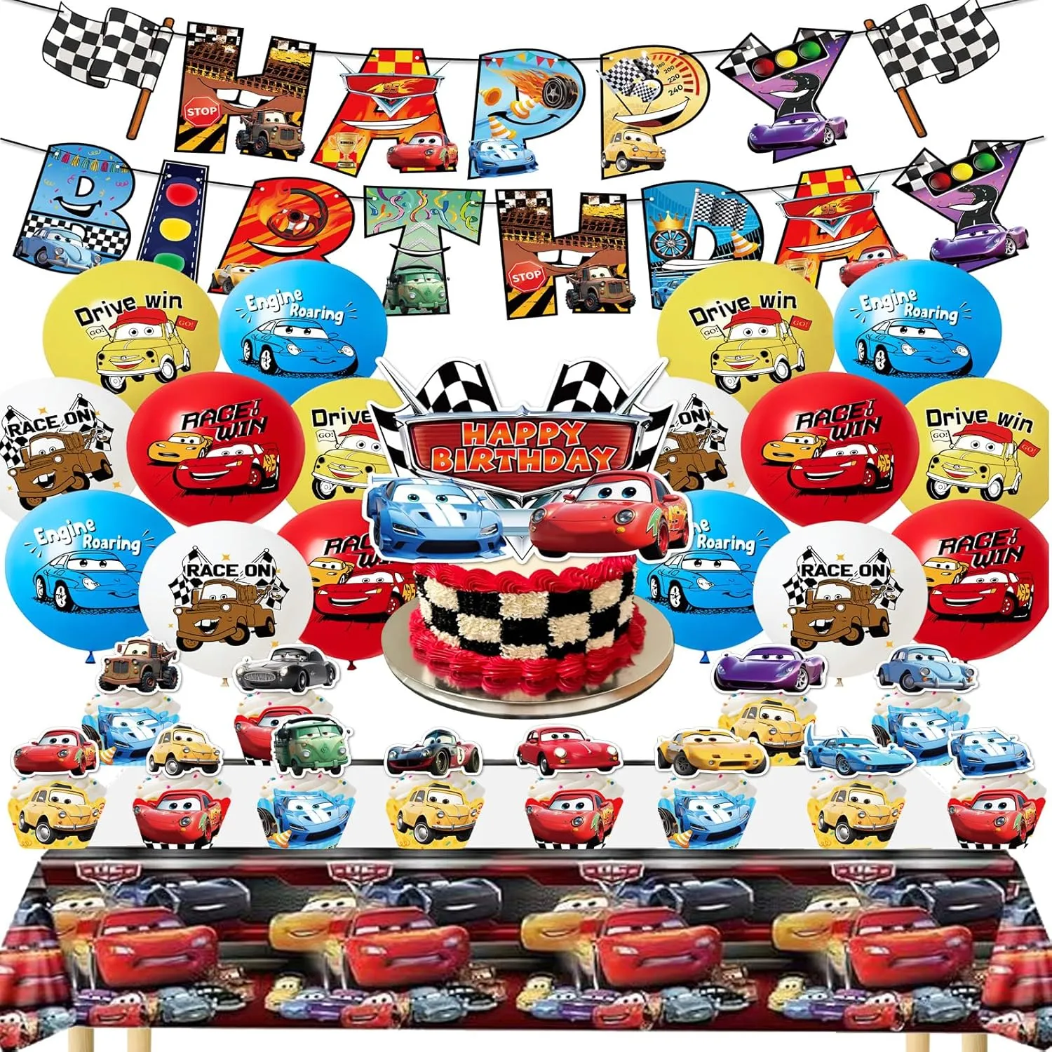 car Race Birthday Party Supplies - 78 Pcs Party Decorations Set Include Happy Birthday Banner,Balloons,Cake Cupcake Toppers, Tablecloth for Boys Girls car Theme Party