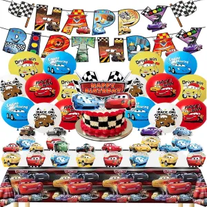 car Race Birthday Party Supplies - 78 Pcs Party Decorations Set Include Happy Birthday Banner,Balloons,Cake Cupcake Toppers, Tablecloth for Boys Girls car Theme Party