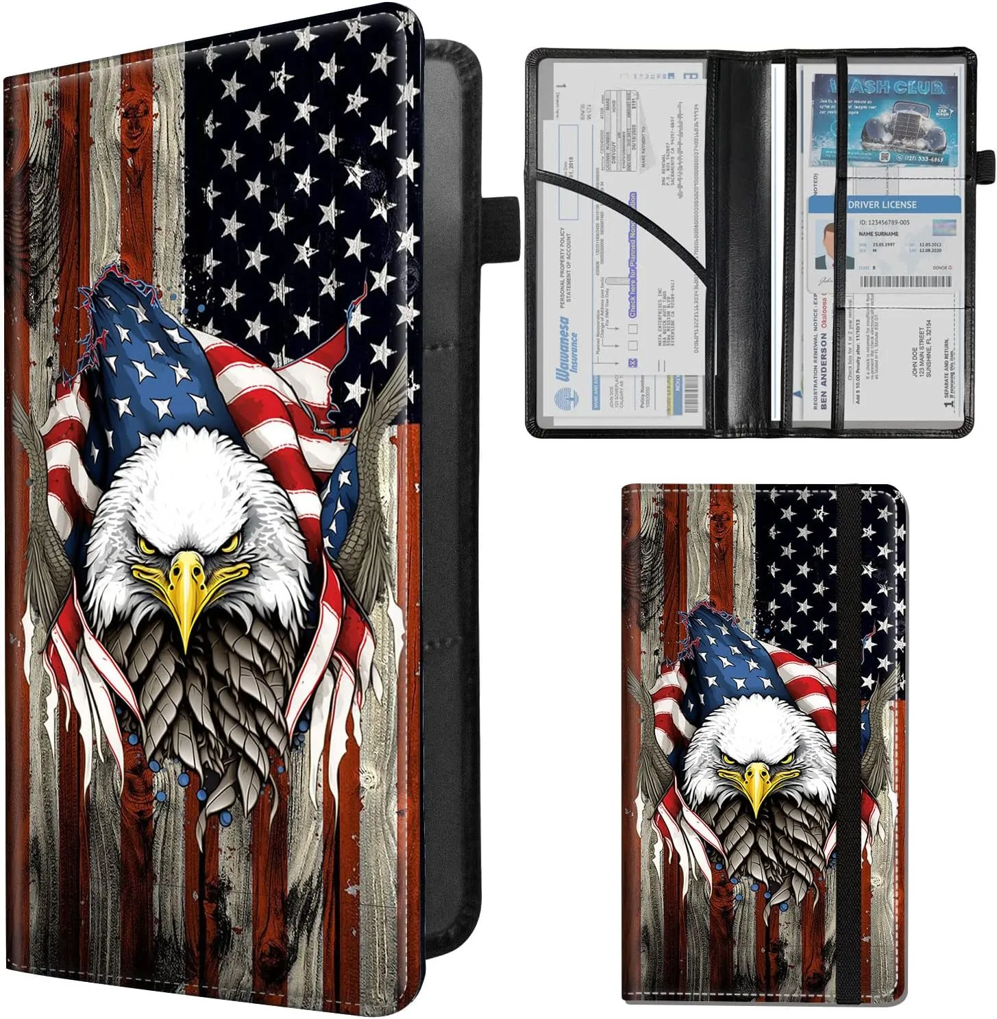 Car Registration and Insurance Holder,Leather Insurance License and Registration Card Holder for Car Glove Box, Auto Truck Document Holder Organizer for Men Women-Eagle on American Flag