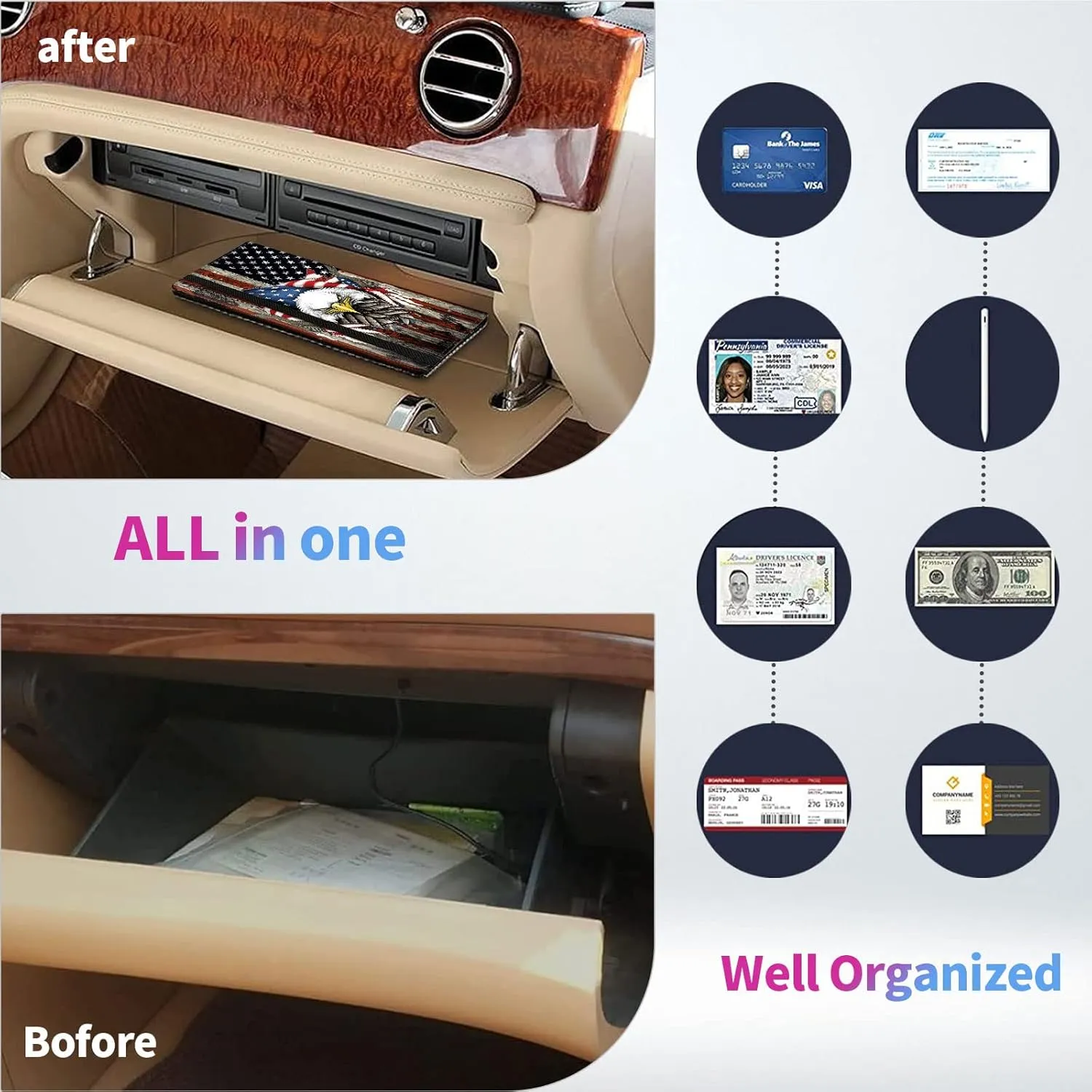 Car Registration and Insurance Holder,Leather Insurance License and Registration Card Holder for Car Glove Box, Auto Truck Document Holder Organizer for Men Women-Eagle on American Flag