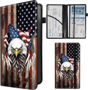 Car Registration and Insurance Holder,Leather Insurance License and Registration Card Holder for Car Glove Box, Auto Truck Document Holder Organizer for Men Women-Eagle on American Flag