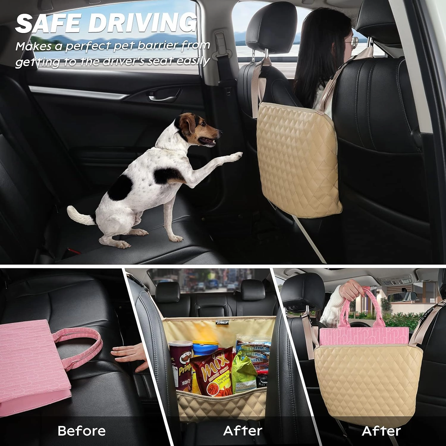 Car Organizers and Storage Purse Holder, Large Capacity Car Net Pocket Handbag Holder, Automotive Consoles & Backseat Organizer, Leather Back Seat Bag Between Car Front Seats, Beige