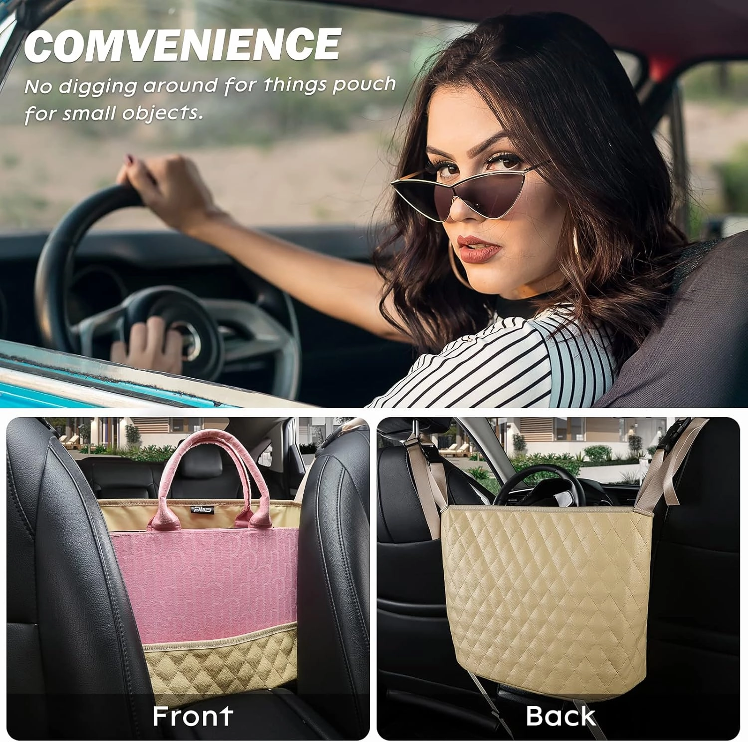 Car Organizers and Storage Purse Holder, Large Capacity Car Net Pocket Handbag Holder, Automotive Consoles & Backseat Organizer, Leather Back Seat Bag Between Car Front Seats, Beige