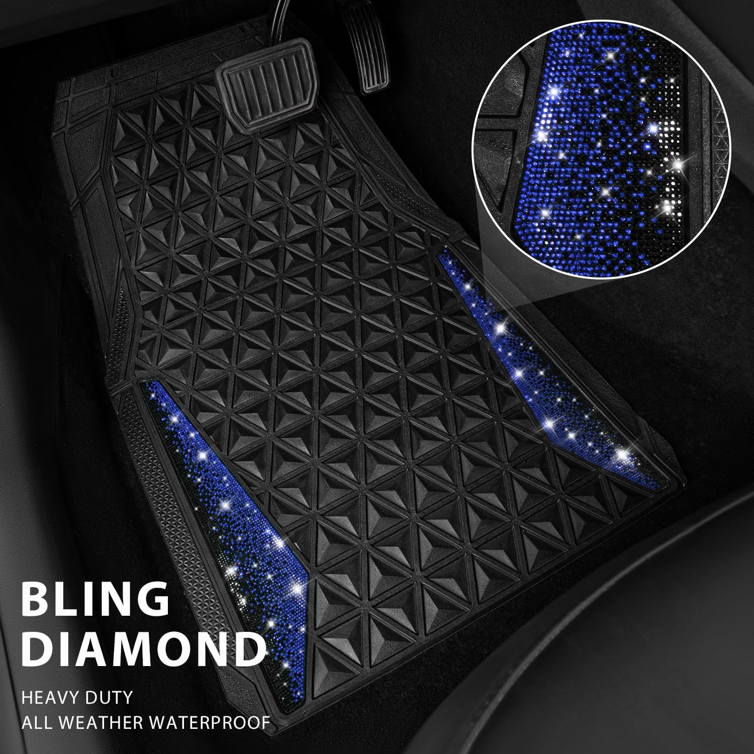 CAR PASS Bling Car Mats Diamond Rubber Floor Mats Full Set Anti-Slip 3D Rhombus Waterproof Trim to Fit Liner Universal Glitter Crystal Sparkly Shining Rhinestone Girl Women SUV Sedan Van, Black Blue