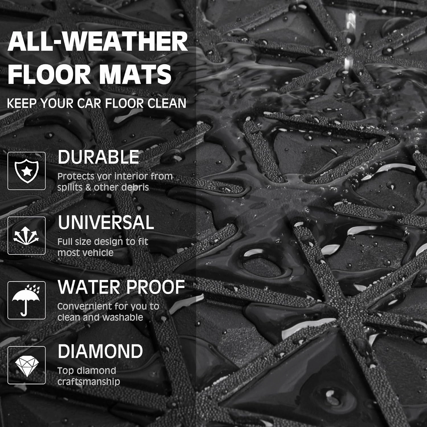 CAR PASS Bling Car Mats Diamond Rubber Floor Mats Full Set Anti-Slip 3D Rhombus Waterproof Trim to Fit Liner Universal Glitter Crystal Sparkly Shining Rhinestone Girl Women SUV Sedan Van, Black Blue