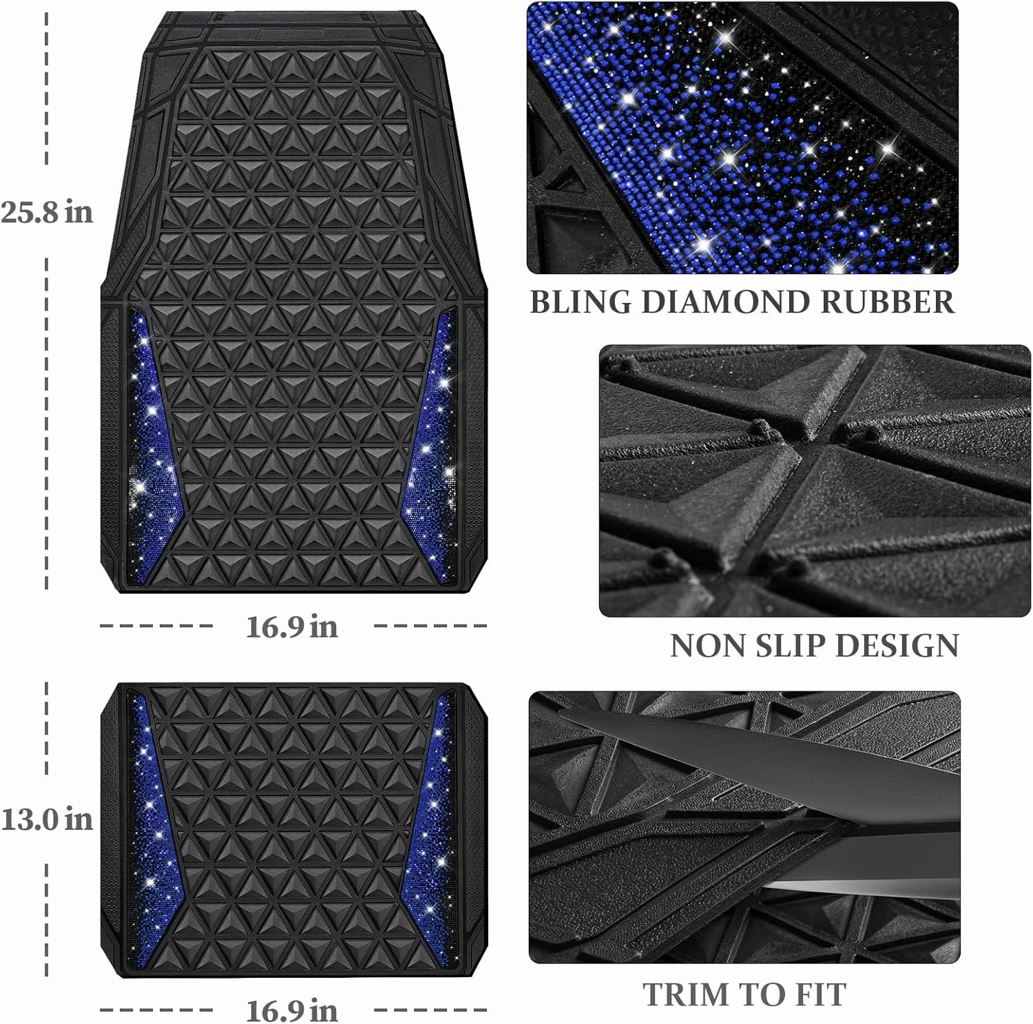 CAR PASS Bling Car Mats Diamond Rubber Floor Mats Full Set Anti-Slip 3D Rhombus Waterproof Trim to Fit Liner Universal Glitter Crystal Sparkly Shining Rhinestone Girl Women SUV Sedan Van, Black Blue