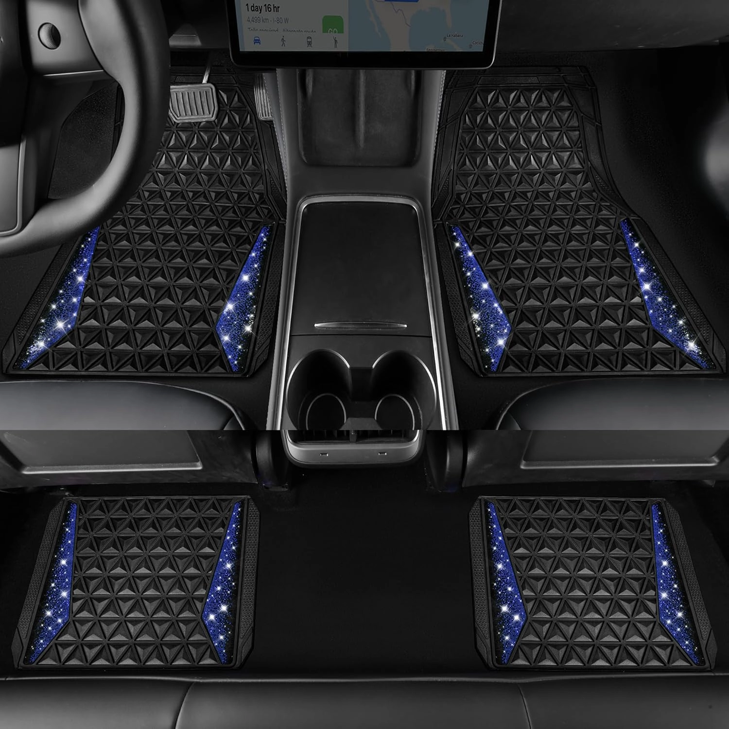 CAR PASS Bling Car Mats Diamond Rubber Floor Mats Full Set Anti-Slip 3D Rhombus Waterproof Trim to Fit Liner Universal Glitter Crystal Sparkly Shining Rhinestone Girl Women SUV Sedan Van, Black Blue