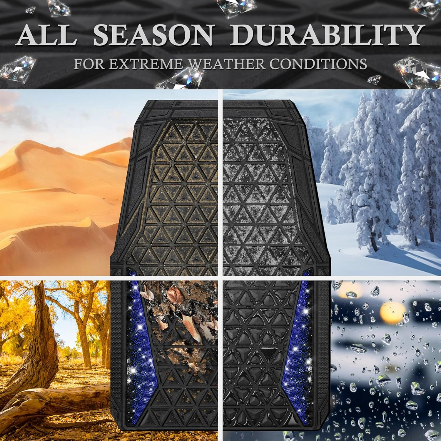 CAR PASS Bling Car Mats Diamond Rubber Floor Mats Full Set Anti-Slip 3D Rhombus Waterproof Trim to Fit Liner Universal Glitter Crystal Sparkly Shining Rhinestone Girl Women SUV Sedan Van, Black Blue
