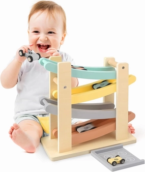 Car Ramp Toys for One Year Old Boy Birthday Gifts, Wooden Montessori Toys for 1 2 Year Old, Race Track Truck Toy with 4 Mini Cars/1 Parking Lot, First Christmas Birthday Gifts for Toddlers 1-3-2-4