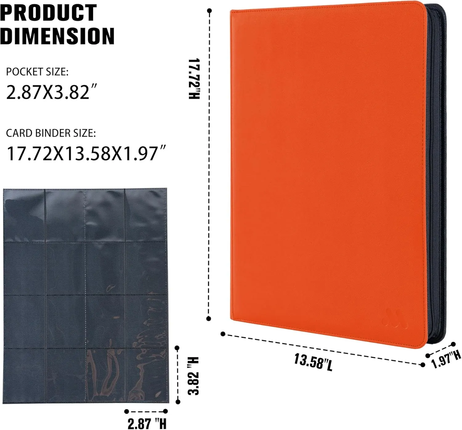 Card Binder 16 Pocket,Trading Card Binder Holds up to 1408 Cards with 44 Sleeves,Zipper Card Holder Album Compatible with TCG Card/Game Cards/Sports Card (Orange, Large)