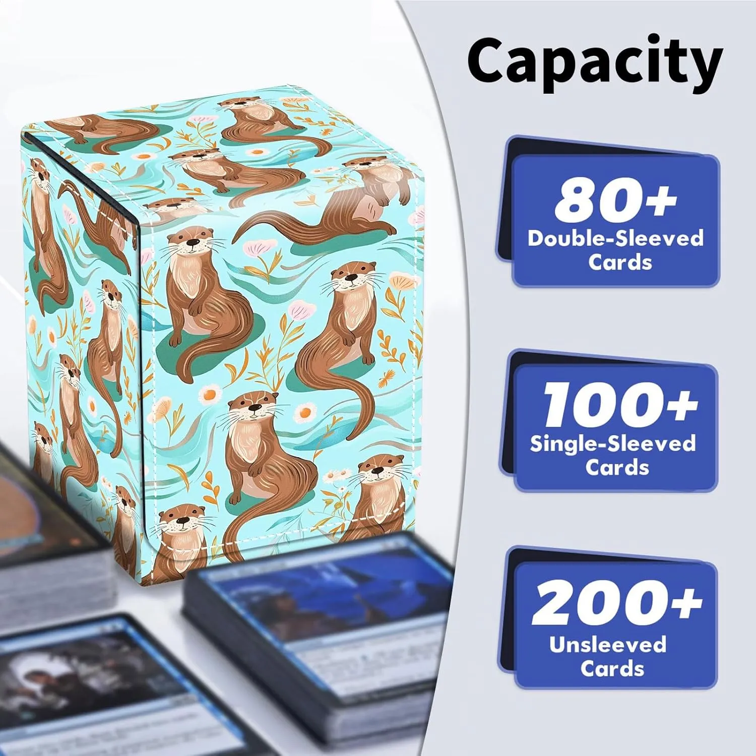 Card Deck Box for Trading Cards, MTG Deck Box Fits 100  Single Sleeved Cards, PU Leather Strong Magnet Card Deck Case Holder for Magic Commander TCG CCG, Otter Pattern