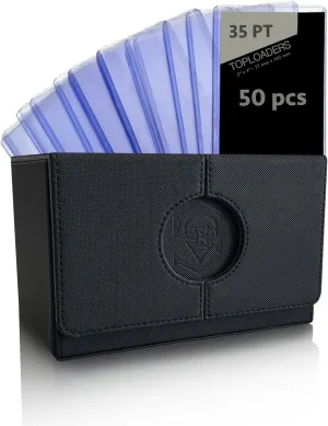 Card Deck Box - Toploader Compatible Include 50 Toploaders 35pt, Trading Card Storage Box Fits 200 Double-Sleeved Cards with Dice Tray - PU Leather (Black and Grey), SB100TP
