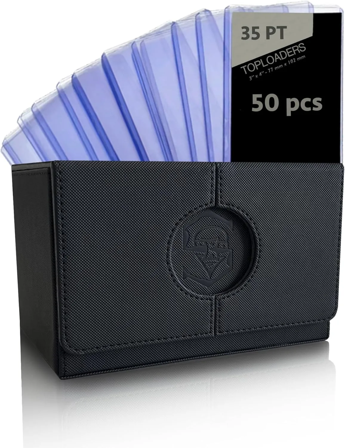 Card Deck Box - Toploader Compatible Include 50 Toploaders 35pt, Trading Card Storage Box Fits 200 Double-Sleeved Cards with Dice Tray - PU Leather (Black and Grey), SB100TP