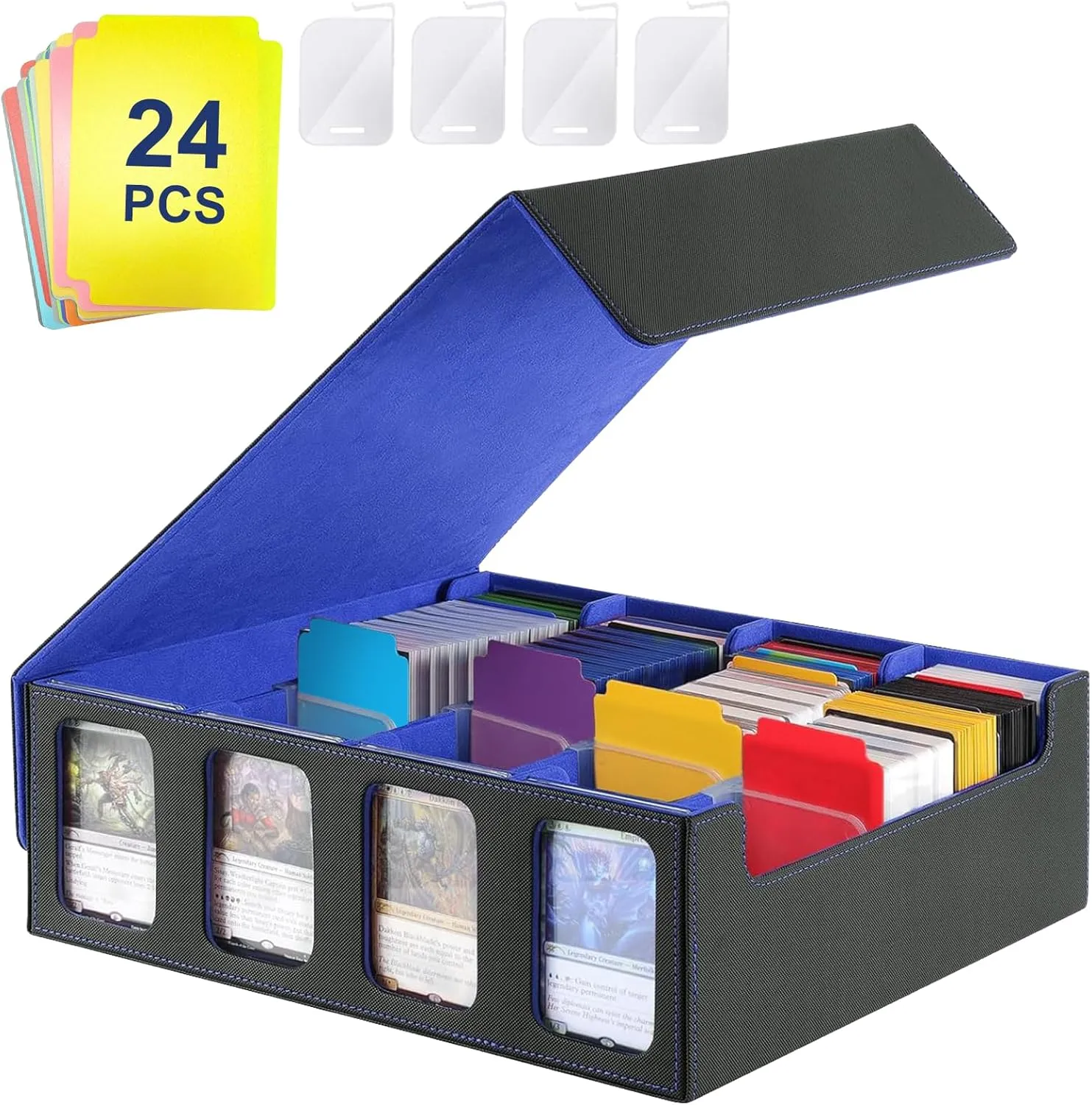 Card Deck Case for Trading Cards, PU Leather Magic Cards Storage Box 3000 , Card Deck Box with Divider Tabs & Magnetic Closure Card Holder, Magic Card Protectors Fits for YuGiOh, MTG Cards (Blue)