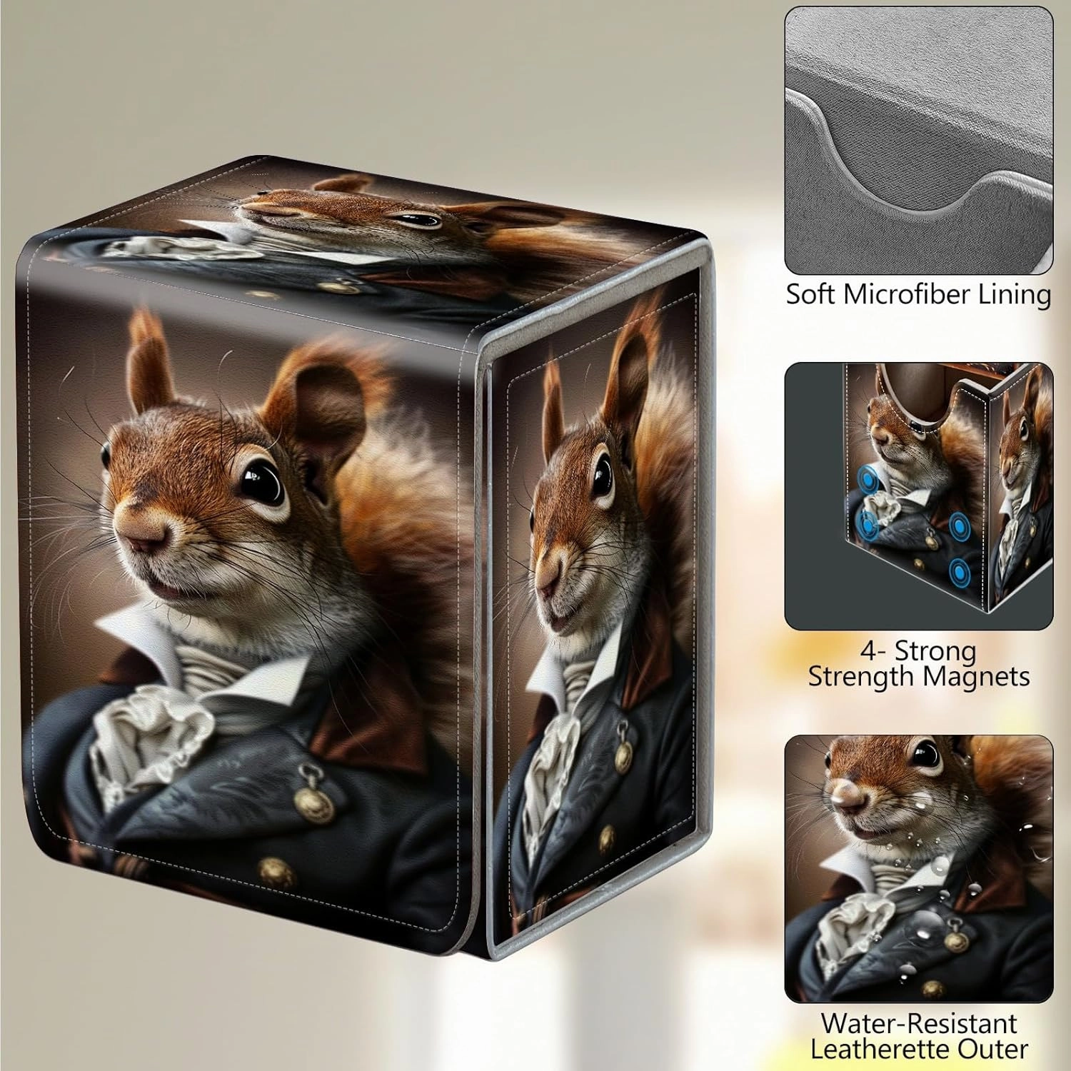 Card Deck Box, Card Storage Box Fits 100  Single Sleeved, Large Capacity PU Leather Card Storage Box with Strong Magnet for Magic Commander TCG CCG, Squirrel