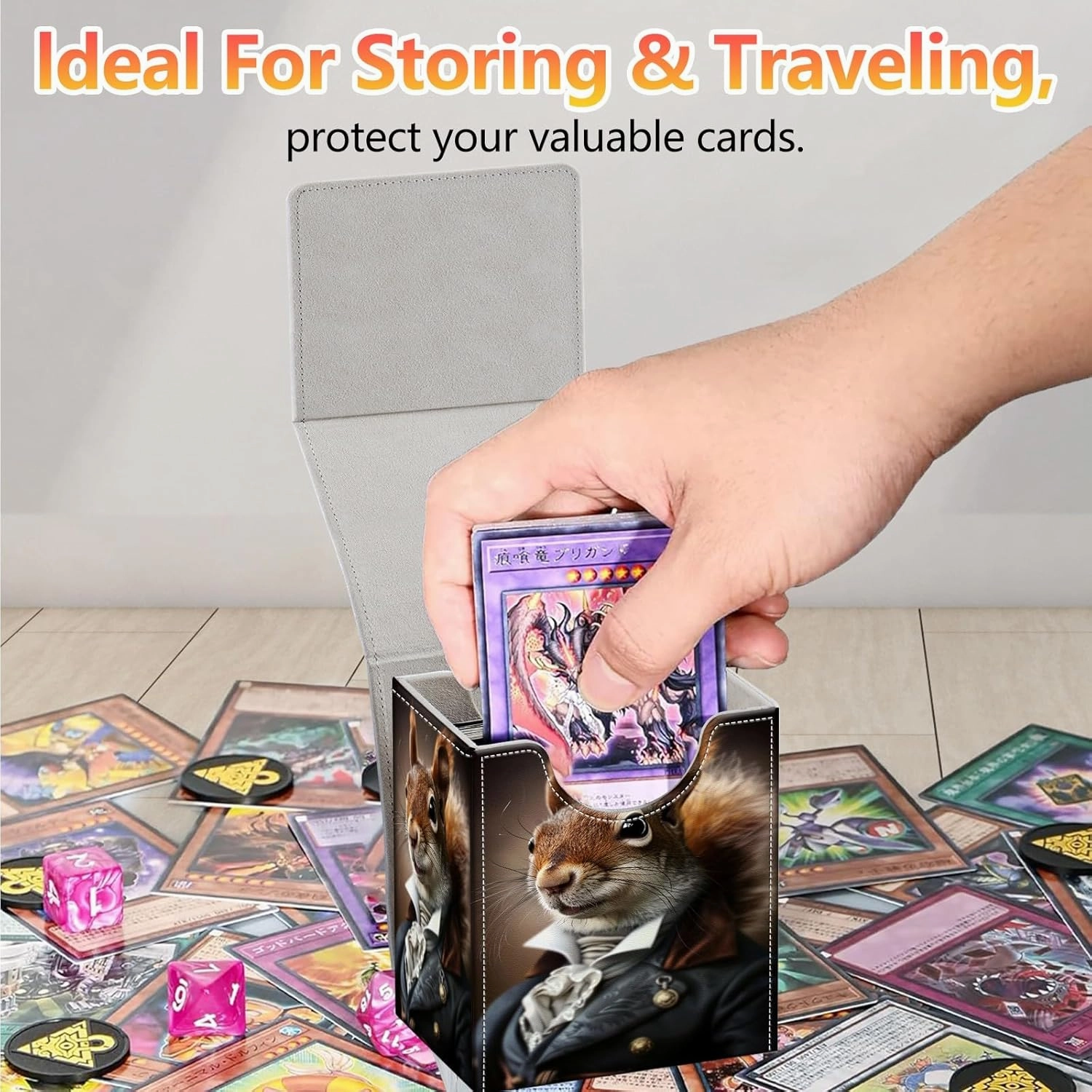 Card Deck Box, Card Storage Box Fits 100  Single Sleeved, Large Capacity PU Leather Card Storage Box with Strong Magnet for Magic Commander TCG CCG, Squirrel