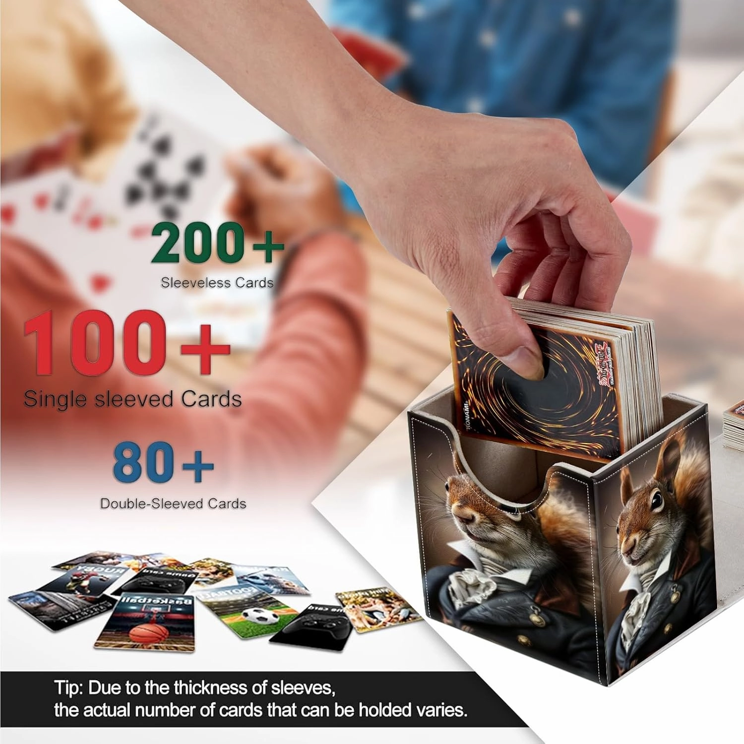 Card Deck Box, Card Storage Box Fits 100  Single Sleeved, Large Capacity PU Leather Card Storage Box with Strong Magnet for Magic Commander TCG CCG, Squirrel