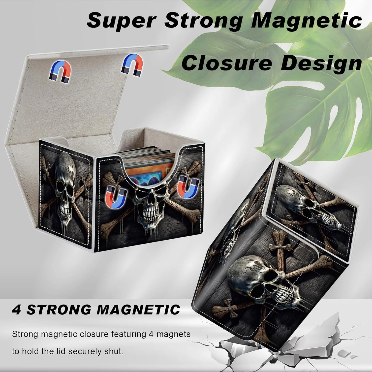 Card Game Storage Box TCG Deck Box MTG Card Box Organizer Trading Card Case Commander Deck Box TCG Card Storage Box Magnetic Closure Creative Pattern Up to 200 Cards, A Skull On A Wood