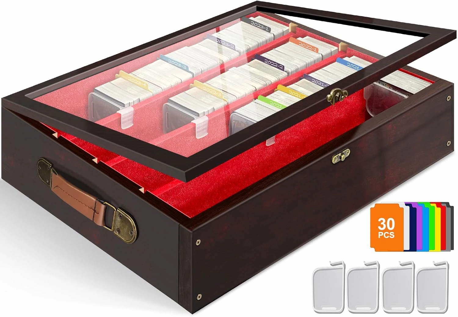 Card Storage Box for Trading Cards 7200 , Wooden Card Deck Case with 30 Dividers and 4 Supporters, Commander Storage Box with Acrylic Lid Fit for MTG, YuGiOh, Sport Cards